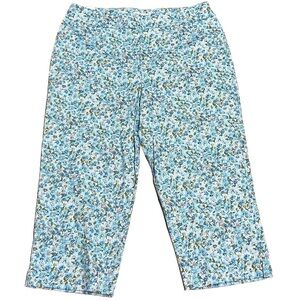 NEW Chaus Blue White Floral Straight Leg Mid Rise Capri Pants Size 14 Stretch